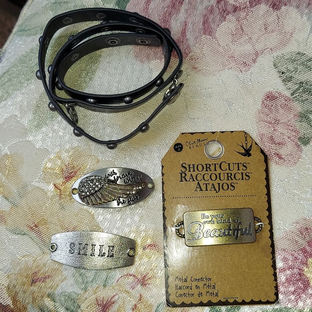 Black Studded Boho Blue Moon Wrap w 3 Connector Charms Bracelet
